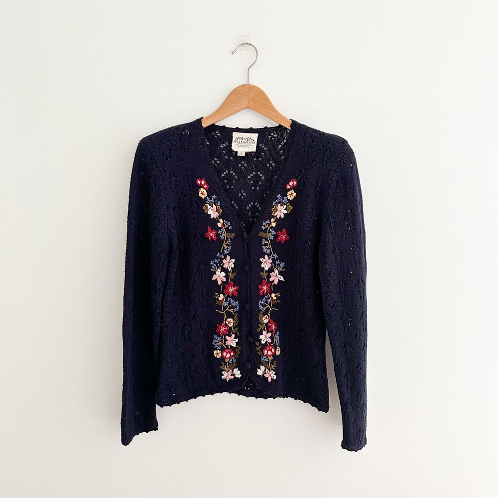 Vintage Susan Bristol Hand Embroidered Floral Knit Cardigan Navy Size Small
